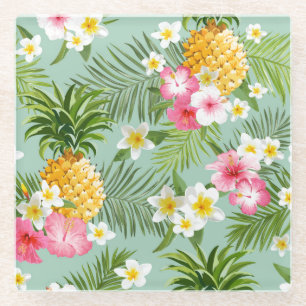 Dessous-de-verre En Verre Fleurs et ananas tropicaux
