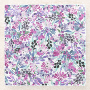 Dessous-de-verre En Verre Fleurs et baies pourpres : Aquarelle