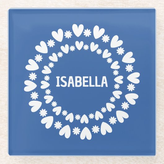 Dessous-de-verre En Verre Fleurs Et Coeurs Nom (Devant)