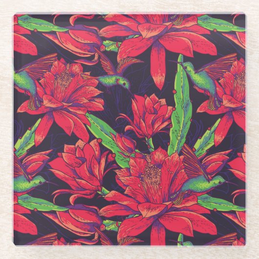 Dessous-de-verre En Verre Fleurs et colibris (Devant)