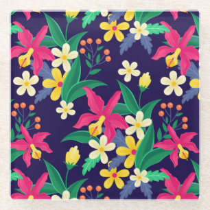 Dessous-de-verre En Verre Fleurs Exotiques Colorées Et Motif Feuille-55667