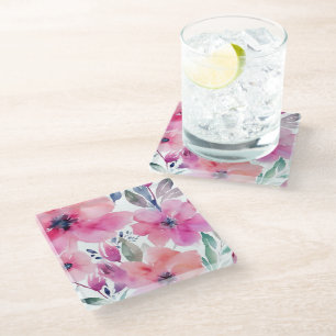 Dessous-de-verre En Verre Fleurs Florales Fleurs Roses Peintes à l'Aquarel