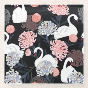 Dessous-de-verre En Verre Fleurs florales orientales Motif de cygne