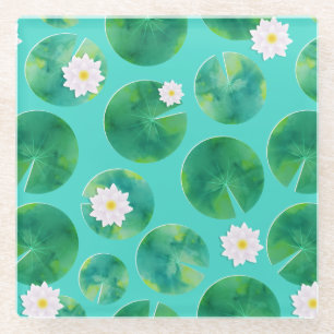 Dessous-de-verre En Verre Fleurs Lys d'Eau Blanche & Motif Lily Pad