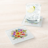 Dessous-de-verre En Verre Fleurs peintes à la main, bouquet aquarelle clair. (Incliné)