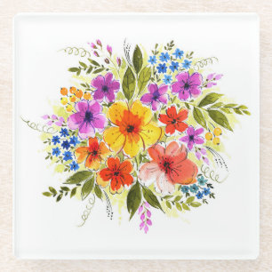 Dessous-de-verre En Verre Fleurs peintes à la main, bouquet d'aquarelle lumi