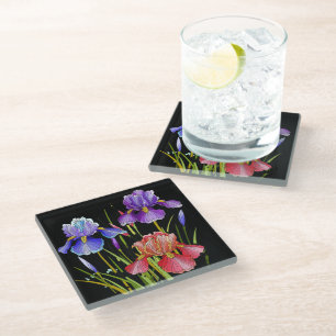 Dessous-de-verre En Verre Fleurs peintes, iris coloré sur noir