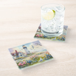 Dessous-de-verre En Verre Fleurs printanières au cottage côtier au phare