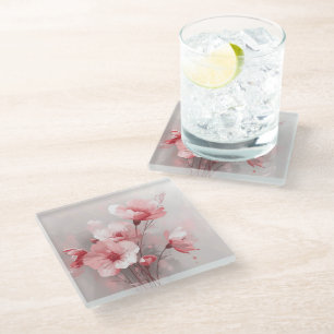 Dessous-de-verre En Verre Fleurs rose, blanc et gris