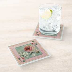 Dessous-de-verre En Verre Fleurs roses Décor Dessous de verre Vintage en ver