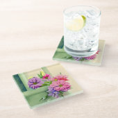 Dessous-de-verre En Verre Fleurs roses et violettes sur fond de fenêtre (Incliné)