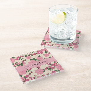 Dessous-de-verre En Verre Fleurs Roses, Motif De Fleurs, Votre Nom