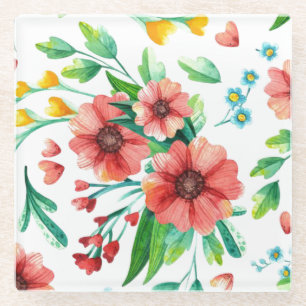Dessous-de-verre En Verre Fleurs roses peintes à la main Motif Floral-23498