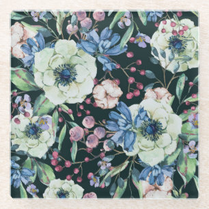 Dessous-de-verre En Verre Fleurs sauvages d'anémone : motif vintage à l'aqua