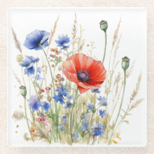 Dessous-de-verre En Verre Fleurs sauvages pavots rouges et fleurs bleues de 