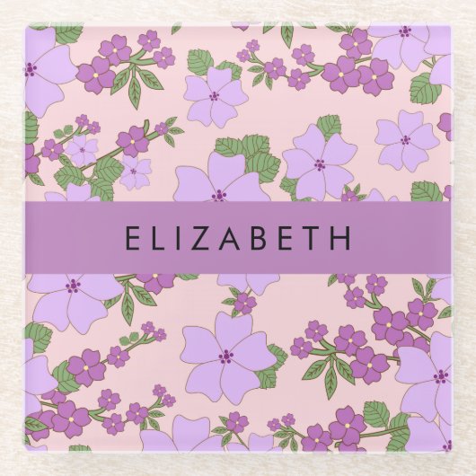 Dessous-de-verre En Verre Fleurs Violettes, Motif De Fleurs, Votre Nom (Devant)