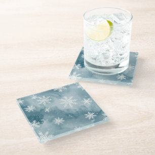 Dessous-de-verre En Verre Flocons de neige bleu pâle Aquarelle Hiver
