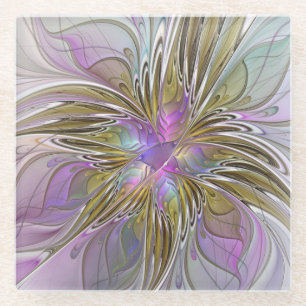 Dessous-de-verre En Verre Floral Coloré Abstrait Fractal Avec Rose & Or