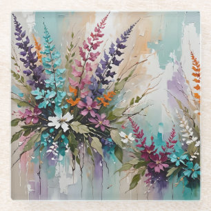 Dessous-de-verre En Verre Floral coloré sur Bleu Beige Blanc Lavande
