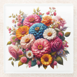 Dessous-de-verre En Verre Floral coloré/Zinnia printanière/Rose