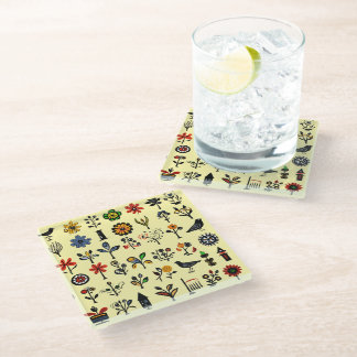 Dessous-de-verre En Verre Floral folk coloré et oiseaux