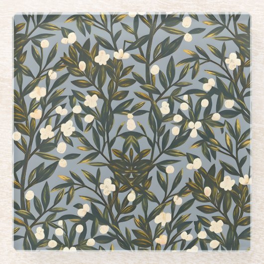 Dessous-de-verre En Verre Floral pattern on  dusty blue-gray background (Devant)