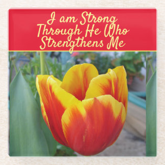 Dessous-de-verre En Verre Floral Red Yellow Tulip God Quote I Am Strong