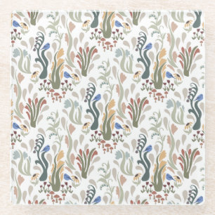 Dessous-de-verre En Verre Folk Art Meadow & Blue Bird dans les tons terre