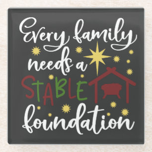 Dessous-de-verre En Verre Fondation stable de Noël de la famille chrétienn