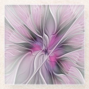 Dessous-de-verre En Verre Fractal Floral Moderne Abstrait Fleur Rose Gris