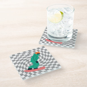 Dessous-de-verre En Verre Freeride Snowboardeur En Costume Vert À damiers