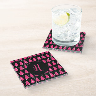 Dessous-de-verre En Verre Fuchsia moderne et Noir Arbre de Noël Monogramme G