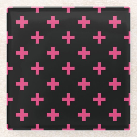 Dessous-de-verre En Verre Fuchsia polka croise sur noir (Devant)