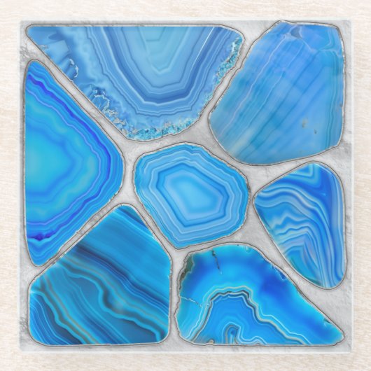 Dessous-de-verre En Verre Géode Bleu Agate Mosaïque Fleur art (Devant)
