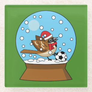 Dessous-de-verre En Verre Globe de neige avec un moineau mignon jouant au so