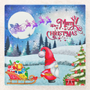 Dessous-de-verre En Verre Gnome De Noël Neige Et Cadeaux De Sleigh Père Noël