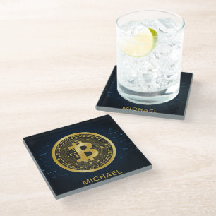 Dessous-de-verre En Verre Gold Bitcoin Cryptomonnaie Nom personnalisé