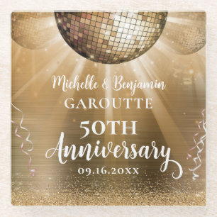 Dessous-de-verre En Verre Gold Glam Disco Ball 50e anniversaire Mariage
