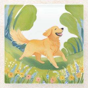 Dessous-de-verre En Verre Golden Retriever Heureux Aquarelle Claire