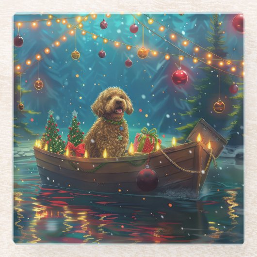 Dessous-de-verre En Verre Goldendoodle Noël Festive Voyage (Devant)