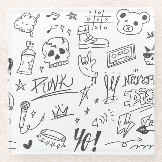 Dessous-de-verre En Verre Graffiti Doodles : Punk Music Scribble (Devant)