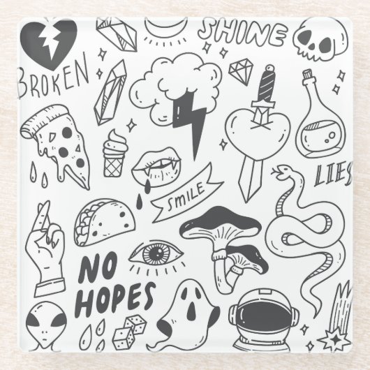 Dessous-de-verre En Verre Graffiti mignon : Doodle Art Set. (Devant)