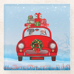 Dessous-de-verre En Verre Grand Chien Danois En Voiture Avec Le Père Noël