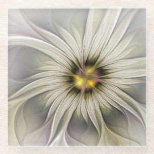 Dessous-de-verre En Verre Grande Fleur d'Ivoire, Art Fractal Moderne Abstrai