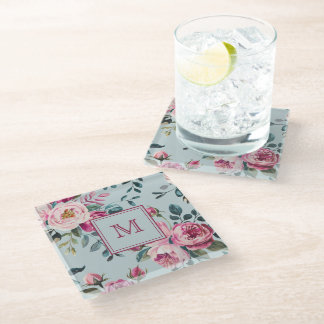 Dessous-de-verre En Verre Grandmillennial Rose Poussiéreuse Florale Monogram