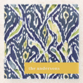 Dessous-de-verre En Verre Gras bleu jaune Abstrait Ikat Monogramme (Devant)