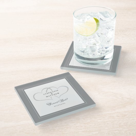Dessous-de-verre En Verre Grey & Blanc Élégant Coeurs de mariage pour toujou (Incliné)