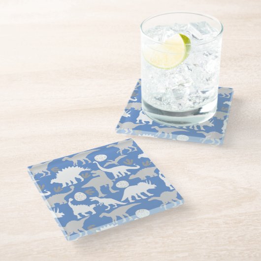 Dessous-de-verre En Verre Grey Dino Motif L Blue BG (Incliné)