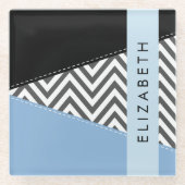 Dessous-de-verre En Verre Grey Zigzag, Grey Chevron, Bleu, Votre Nom (Devant)
