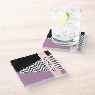 Dessous-de-verre En Verre Grey Zigzag, Grey Chevron, Purple, Votre Nom